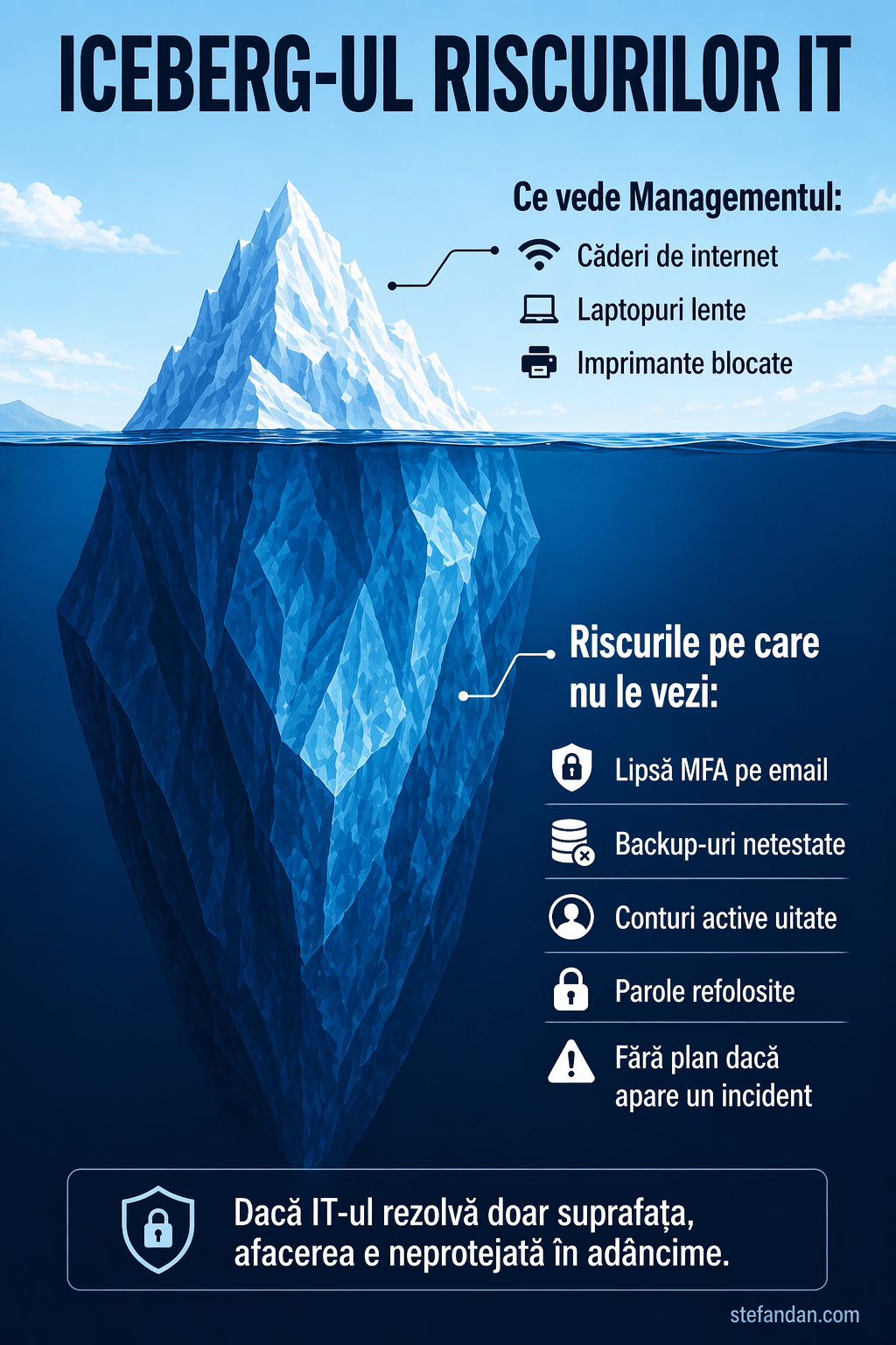 Iceberg-ul riscurilor IT – diferența dintre problemele vizibile și riscurile invizibile de securitate în companie