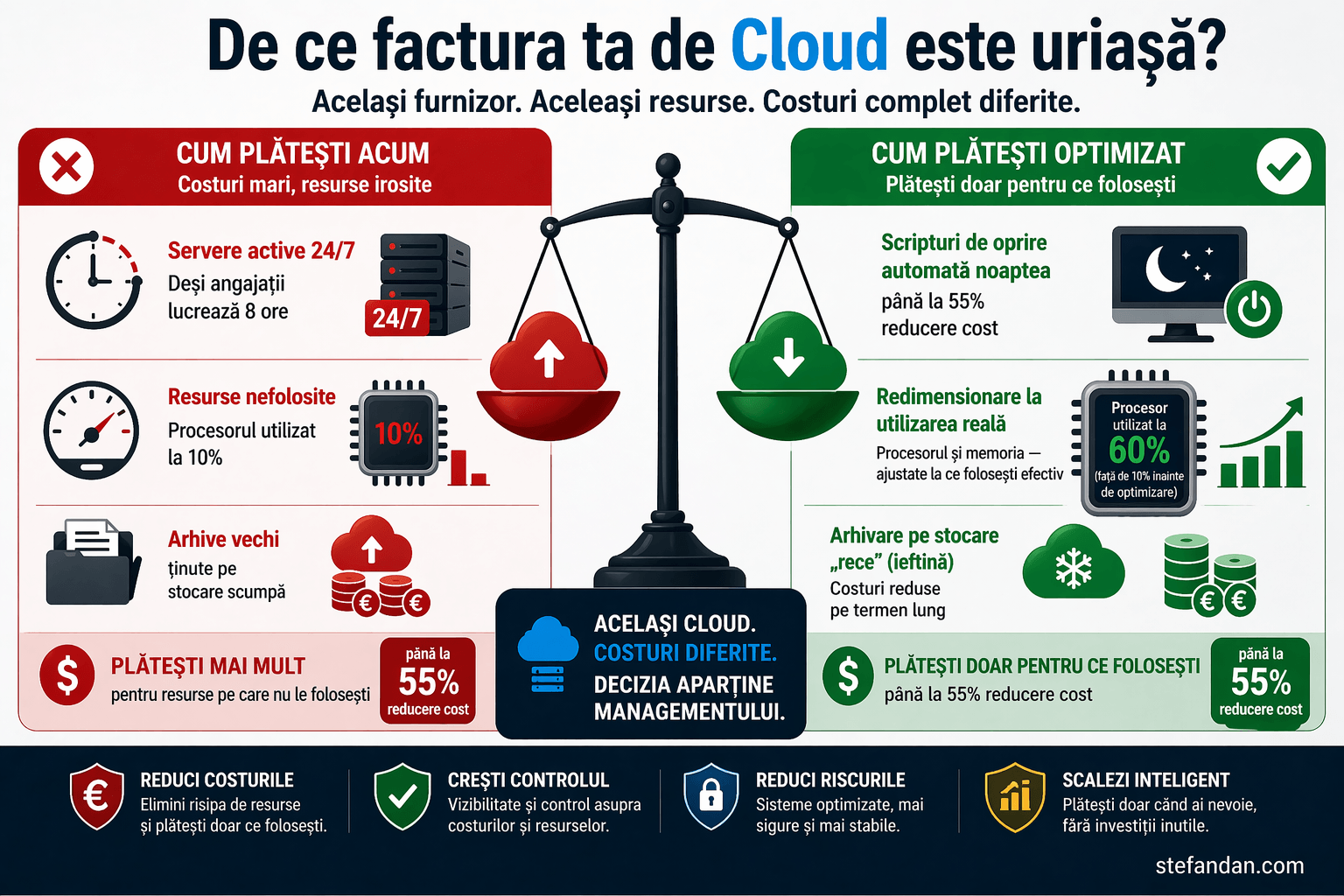 Comparatie costuri cloud – diferența între utilizarea neoptimizată și optimizarea resurselor IT pentru reducerea cheltuielilor