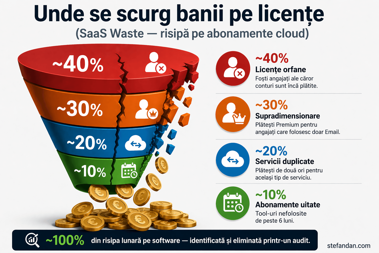 SaaS Waste – unde se scurg banii pe licențe software în companie: licențe orfane, supradimensionare, servicii duplicate și abonamente uitate